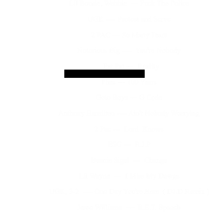 Fat Pat ---  Reality                                                     Lil Boosie, Webbie  --- Fuck The Police                                                     UGK ---- Protect and Serve                                                     2 PAC --- So Many Tears                                                     Notorious Big ----  You're Nobody                                                     Plies --- 100 Years                                                     Geto Boys --- G Code                                                     Anthony Hamilton ---- Ain't Nobody Worrying                                                     2 Pac ---  Lord  Knows                                                     ESG ---  R.I.P                                                     Beanie Sigel  ---  Change                                                     Lil Wayne  ---  I Miss My Dawgs                                                     UGK, 3-2  ---- One Day You're Here  ( DJ.D Remix )                                                     Jesse Williams  ---- B.E.T. Speech